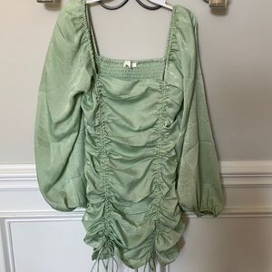 Satin Green Puffy Sleeve Dress